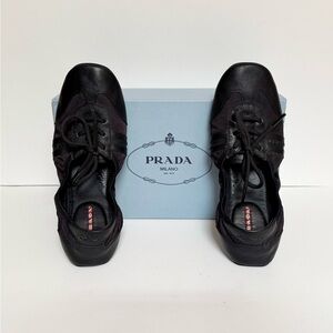 Prada Women’s Nylon And Leather Black Scrunchie Lace Up Ballet Shoes Size 9
